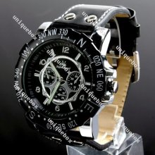 Black Fashion Dial Women Men Pu Leather Band Unisex Analog Quartz Wrist Watch