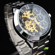 Black Hollow Skeleton Dial S/steel Analog Automatic Mechanical Mens Wrist Watch