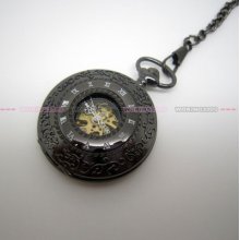 Black Plated Round Hollow Case Men Hand Winding Mechanical Pocket Watch Mw99