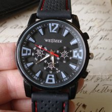 Black Silicone Black Dial Watch Military Pilot Aviator Army Style Outdoor Sport Raised Numerals