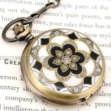 Black White Flower Bronze Case Pendant Pocket Chain Quartz Watch Gift