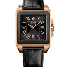 BOSS Black Square Case Leather Strap Watch Black/ Rosegold