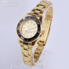 Brand New Mens Golden Dial Black Rim Gold Lady Stainless Steel Watch