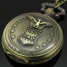 Bronze Air Force Eagle Stars Quartz Pocket Watch Necklace Pendant Mens Gift P103