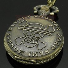 Bronze Pirate Skull One Piece Quartz Retro Pocket Necklace Watch Xmas Gift P78