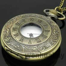 Bronze Rome Roman Number Necklace Quartz Pocket Watch Pendant Mens Xmas Gift P08