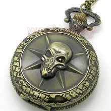 Bronze Skull Ghost Cross Fire Quartz Retro Pocket Necklace Watch Boys Gift P87