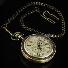 Bronze Tone 5 Hands Manual Mechanical Pocket Watch Pattern Pendant Free Chain