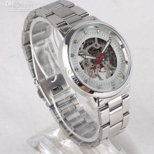 Bulk Lots 5 Pcs Silver Tone Skeleton Dial Men's Mechanical Wristwatc