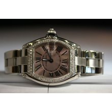 Cartier Roadster 32mm Ss Quartz Ladies Watch Pink Dial 1.00 Carat Diamond Bezel