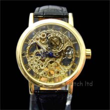 Classic Look 70's Men's Skeletons Watch 14k Golden Case Mechanical Hand Winding