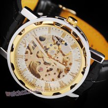 Classic Mens Gold Skeleton Mechanical Automatic Watch Light Hands Leather Black