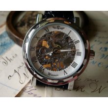 Classy Silver on White Linen Mechanical Skeletal Wrist Watch with Black Band A-80