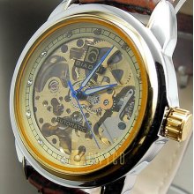 Clock Hours Dial Golden Mechanical Automatic Leather Unisex Wrist Watch Wt025