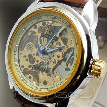 Clock Hours Dial Golden Mechanical Automatic Leather Men Wrist Watch Wv025