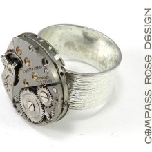 Clockwork Steampunk Ring - Antique Mechanical Watch Movement Etched Sterling Silver Plate Adjustable Band