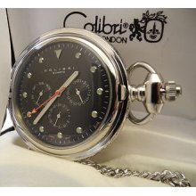 Colibri Silvertone 3 Eye Black Face Pocket Watch Day/ Date/ 24 Hour W/chain