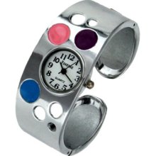 Colored Dots Holes Silver White Face Wide Hinged Cuff Bracelet Watch Usa Seller
