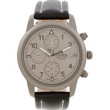 Croton Black Leather Watch Grey Dial Chronograph Subdials Titanium Case - Quartz