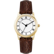 Custom Dress Watch - Women's Polished Gold Dress Promotional Watch w/ Brown Strap