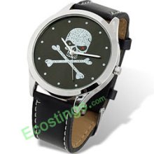 CZ Skull & Cross Bones Leather Men's Quartz Watch