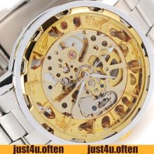 Deluxe All Golden Steel Skeleton Dial Silver S-steel Mens Watch Automatic Hq
