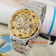 Deluxe Gold Skeleton Dial Mens Automatic Wrist Watch Silver Stainless Steel Band