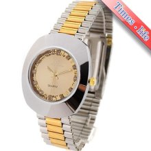 Deluxe Golden Mens Quartz Watch Stainless/s Shiny Rhinestone Light