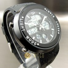 Dial Fashion Quartz Hours Date Alarm Black Rubber Men Women Wrist Watch Wt160