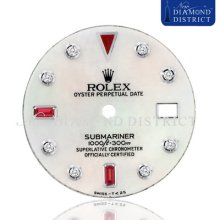 Diamond & Ruby White Mother Of Pearl Dial For Rolex Submariner Watch