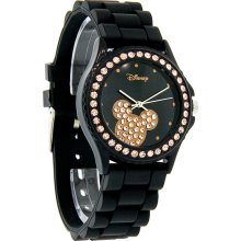 Disney Mickey Mouse Ice Crystal Rose Gold Black Rubber Strap Quartz Watch MK1101