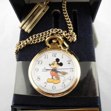 Disney (seiko) Lorus Mickey Mouse Goldtone Open Face Pocket Watch Chain As-is