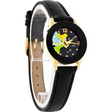 Disney Tinker Bell Blowing Fairy Dust Ladies Gold Black Leather Watch Tnk288