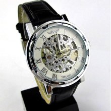 Elegant Mens Watch Silver-white Transparent Dial Black Strap