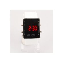 Elegant Rectangle Stainless Steel Case Digital Display Red LED Light Wrist Watch White Silicone Band