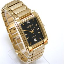 Elgin Diamond Men Gold Watch Date Black Face