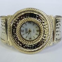 Embassy By Gruen Shiny Gold Round Face Textured Hinged Watch