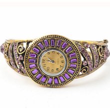 Exquisite Purple Crystal Rhinestone Cuff Watch Bracelet Bangle Retro Gold Plated