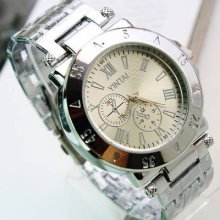 Fashion Hours Clock Dial Luxury Sport Men White Golden Steel Wrist Watch