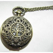 fashion Pocket Watch necklace ,Long Chain Necklace Tree of life Pocket Watch Necklace, retro hollow bronze pocket watch necklace