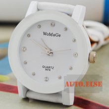 Fashion White Leather Crystal Women Lady Quartz Wrist Watch Analog Dress