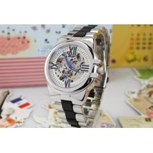 Fashion White Silvery Hollow Big Roman Stainless Steel Watch Mens Business