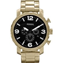 Fossil Mens Nate Chronograph Stainless Watch - Gold Bracelet - Black Dial - JR1421