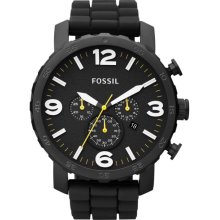 Fossil Mens Nate Chronograph Stainless Watch - Black Rubber Strap - Black Dial - JR1425