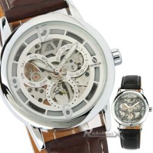 Full-automatic Skeleton Mechanical Alloy Case Pu Leather Men Women Sports Watch
