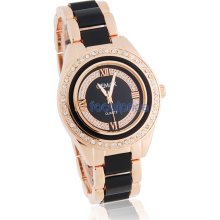 Gemax Women's Analog Wactch with Crystal Bezel & Metal Strap (Black & Rose Golden)