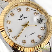 Gentle Mens Stainless/s Strap Watch Automatic White Silver Date Crystal Gift
