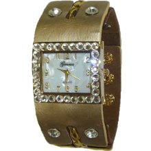 Genuine Leather Gold Watch w/ Crystals & Mother Of Pearl Face - Gold - Gold - 3