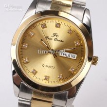 Golden Dial Day Date Men Wristwatches Stl Quartz White 2-tone Band S