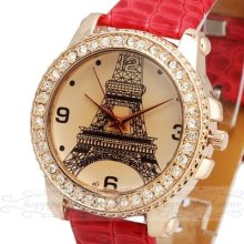 Golden Jelly Paris Tower Dial Design Fashion Red Band Women Watch Bracelet 0